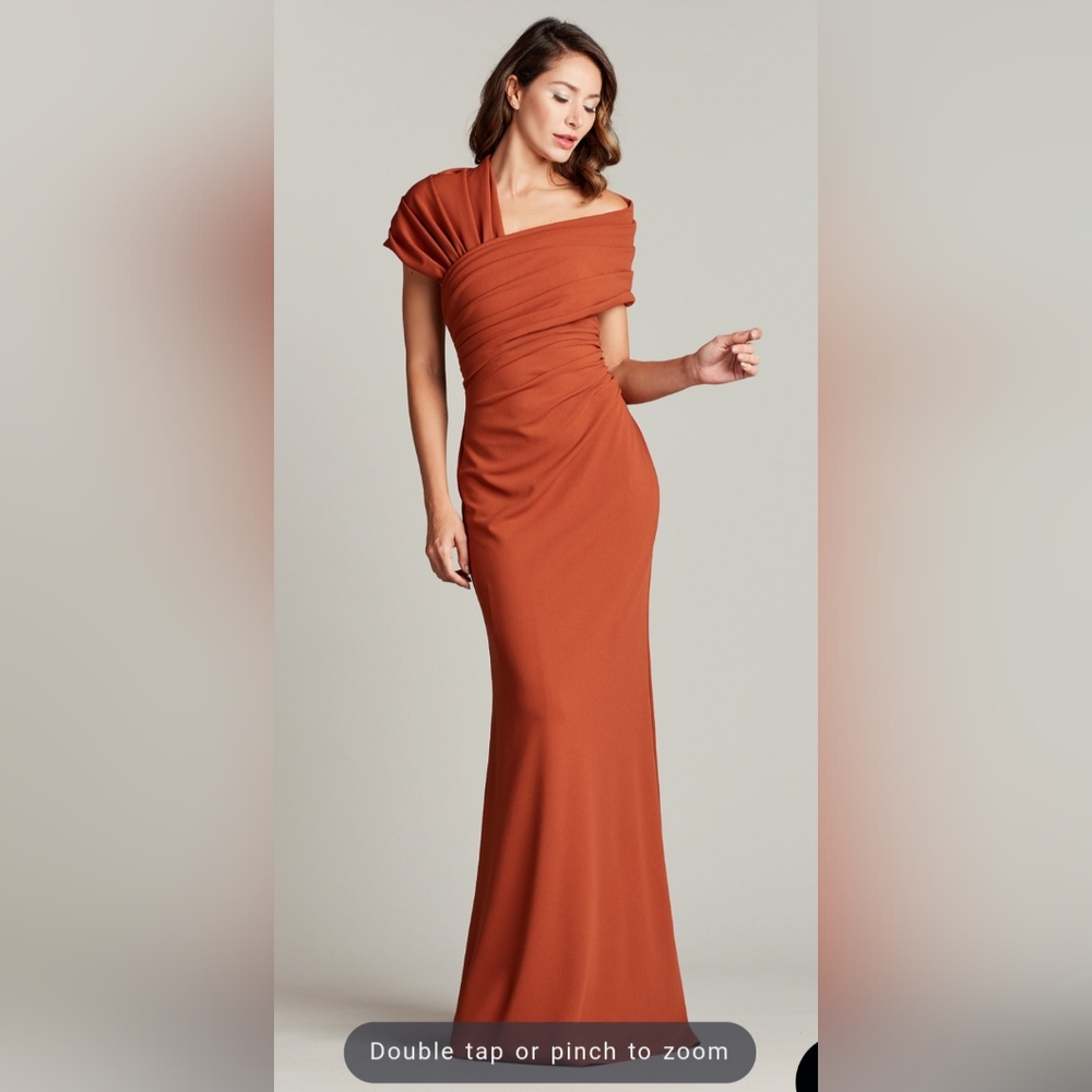 NWT Tadashi Shoji Terracota Asymmetric Neckline Gown, Size XXS